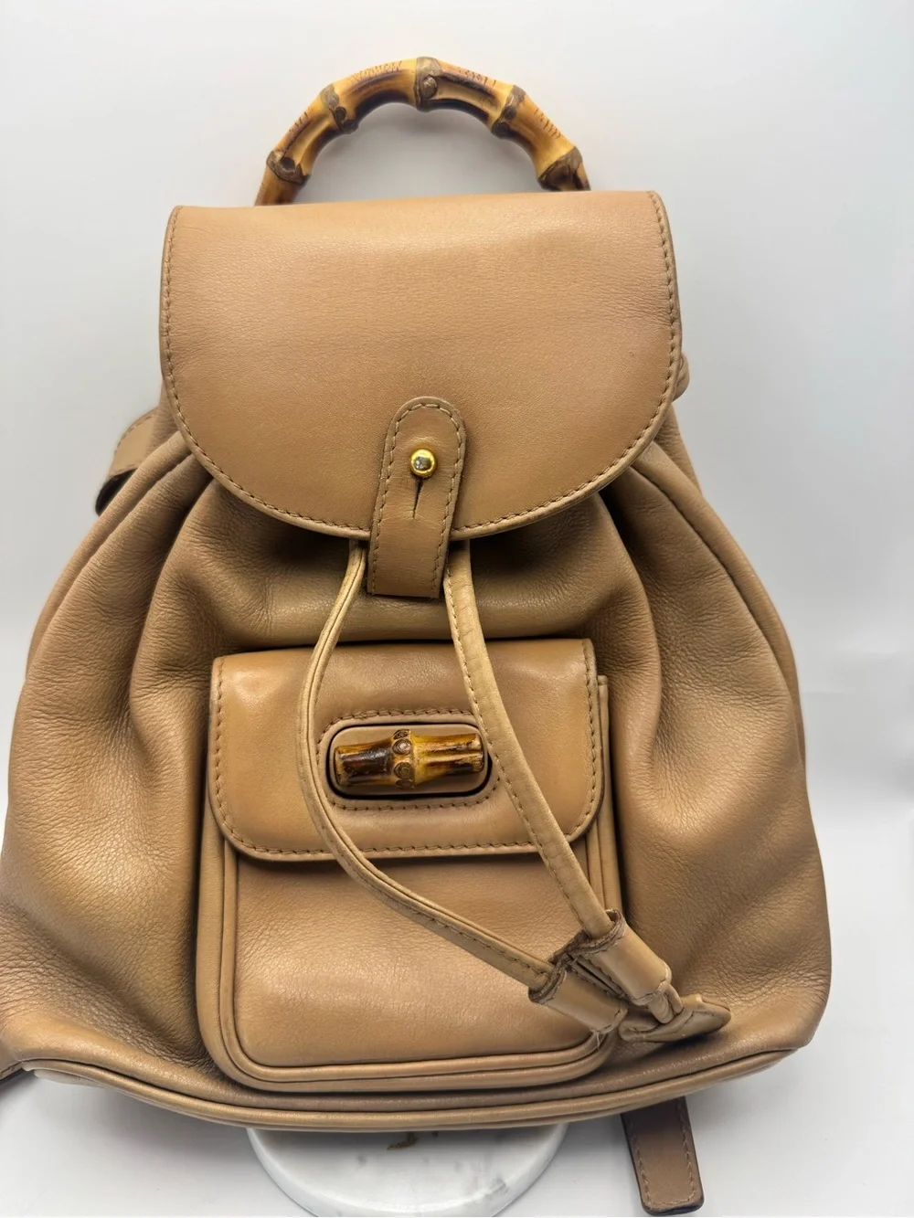 Gucci Tan Leather Backpack with Bamboo Handle with Authenticity